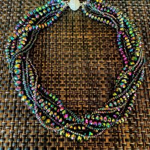 Aurora Borealis Bead Necklace with Crystal Beaded Silver Magnetic Clasp